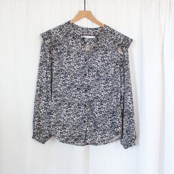Rebecca Minkoff Long Ruffle Sleeve Button Front Black and White Floral Blouse S - Picture 1 of 7